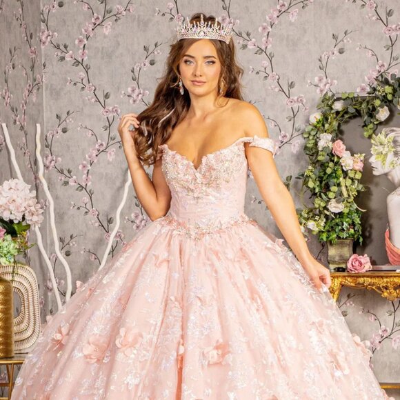 New Off Shoulder Mesh Layered Ball Gown w/ Floral Applique & Lace Up Back GL3183 - Picture 1 of 12